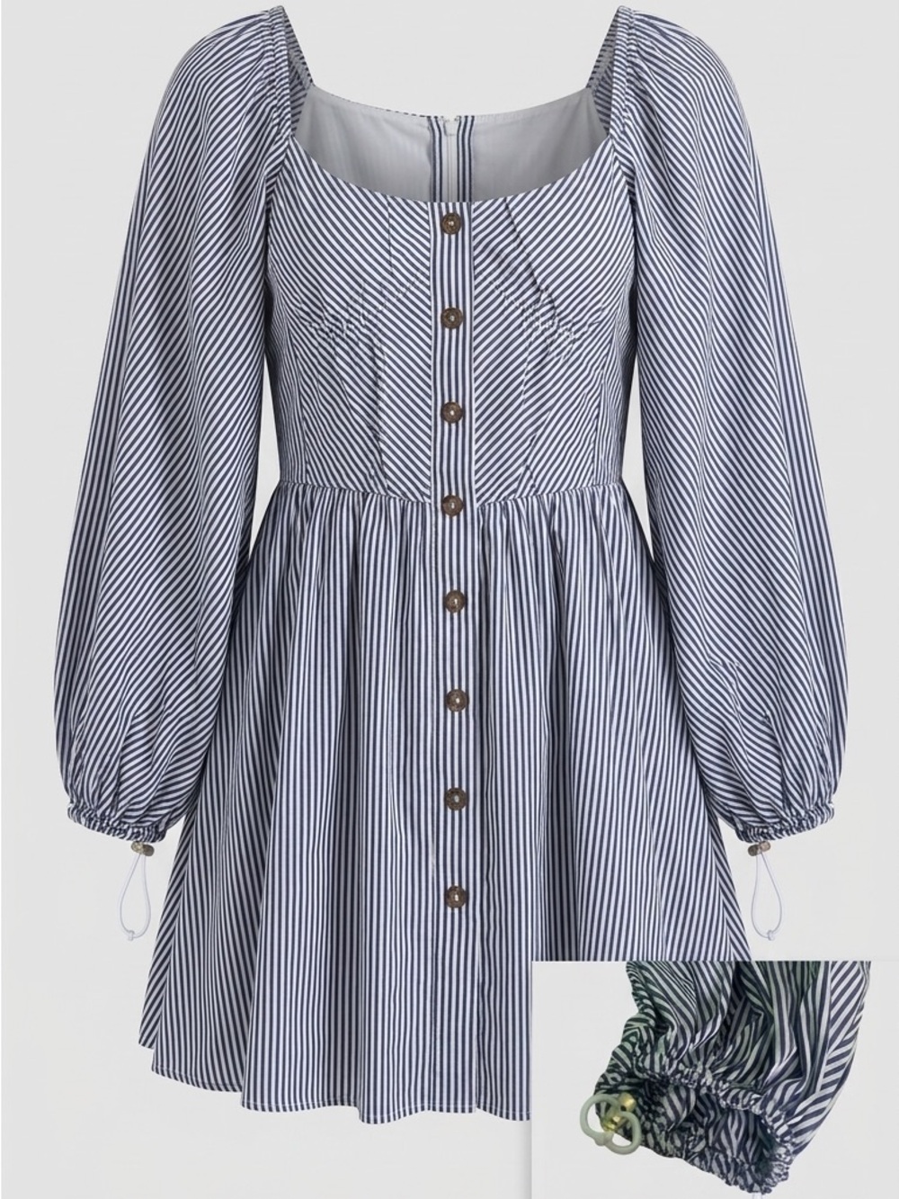 Carolina Herrera Navy and White Striped Puff-Sleeve Button-Front Dress